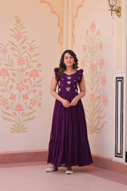Maroon, Yellow & Purple Designer Partywear Gown