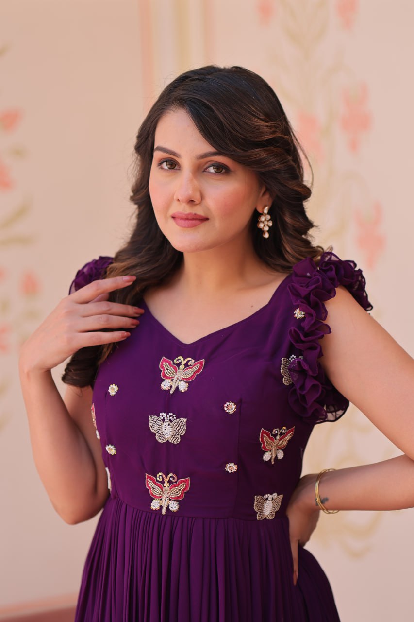 Maroon, Yellow & Purple Designer Partywear Gown