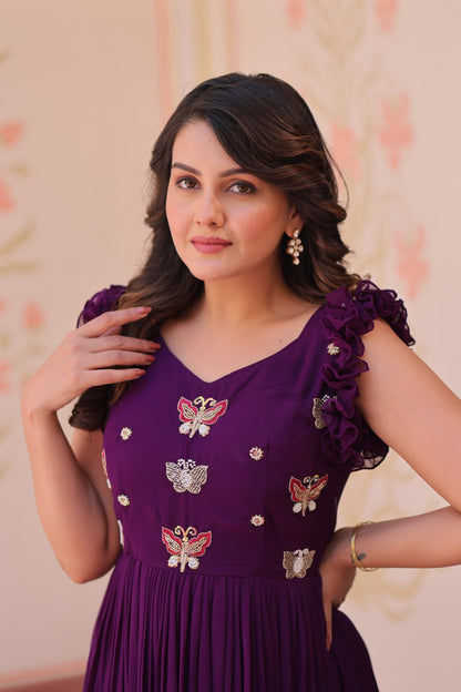 Maroon, Yellow & Purple Designer Partywear Gown