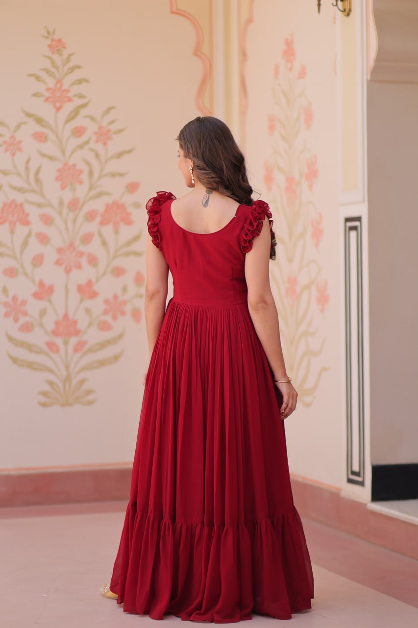 Maroon, Yellow & Purple Designer Partywear Gown