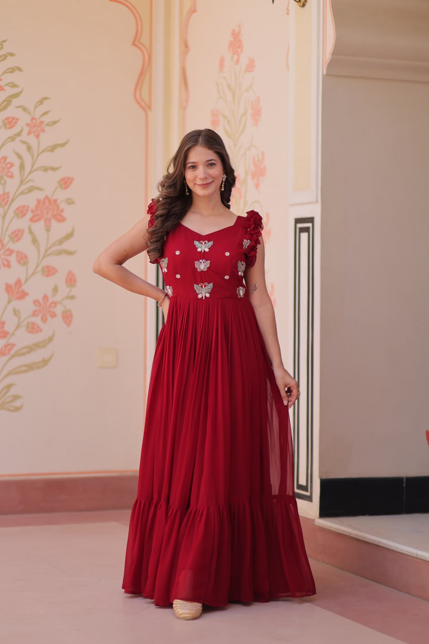 Maroon, Yellow & Purple Designer Partywear Gown