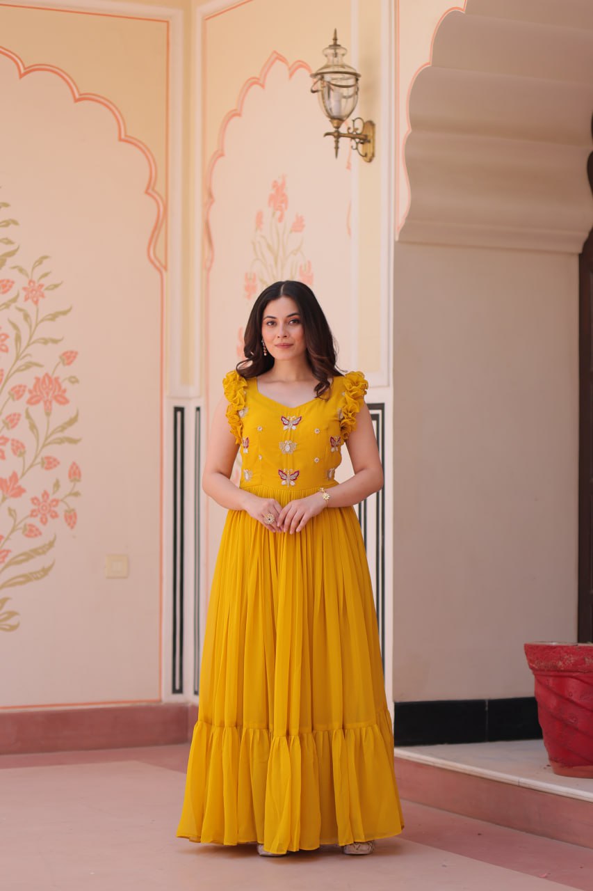 Maroon, Yellow & Purple Designer Partywear Gown