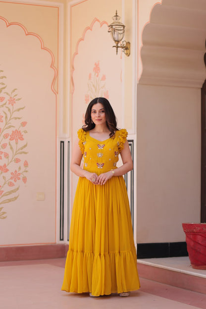 Maroon, Yellow & Purple Designer Partywear Gown