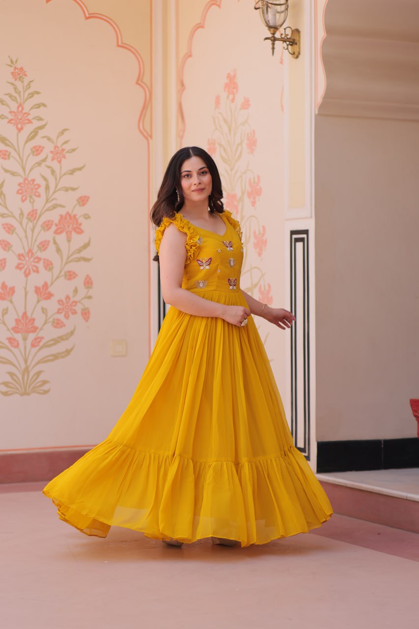 Maroon, Yellow & Purple Designer Partywear Gown