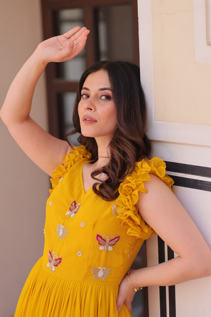 Maroon, Yellow & Purple Designer Partywear Gown