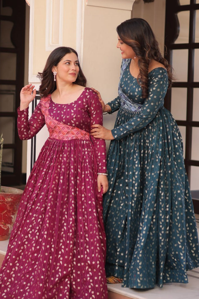 Wine & Rama Position Print Weaving Work Gown
