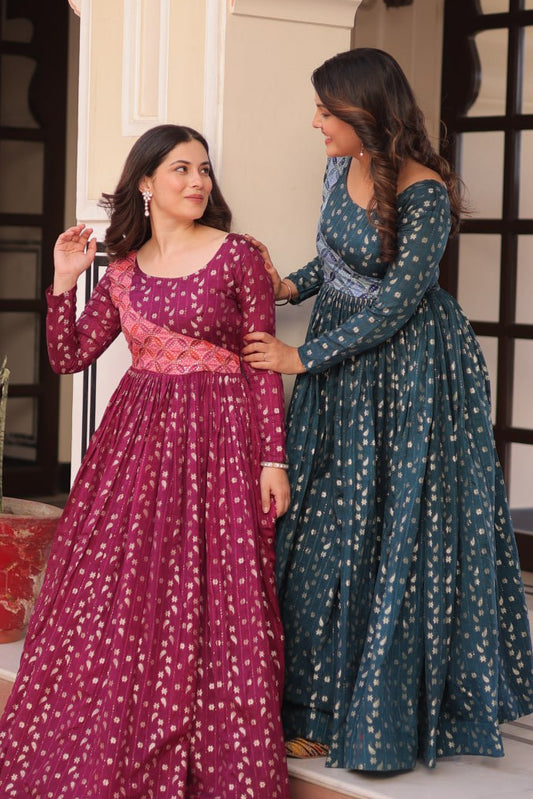 Wine & Rama Position Print Weaving Work Gown
