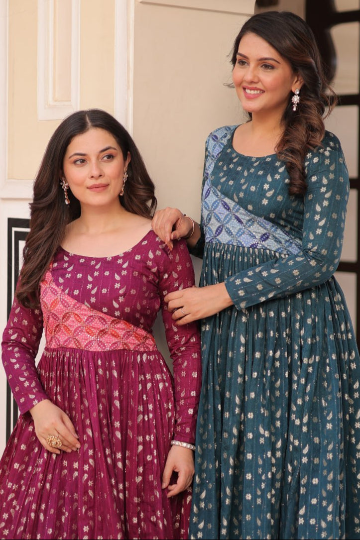 Wine & Rama Position Print Weaving Work Gown