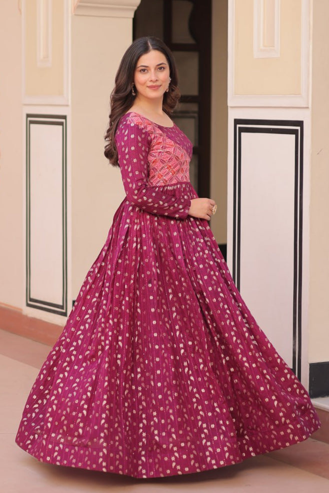 Wine & Rama Position Print Weaving Work Gown