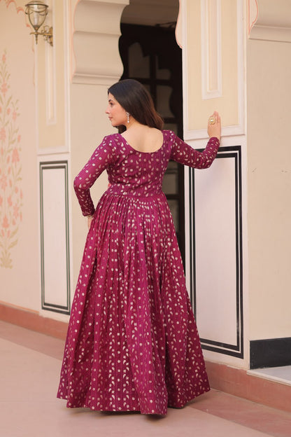 Wine & Rama Position Print Weaving Work Gown