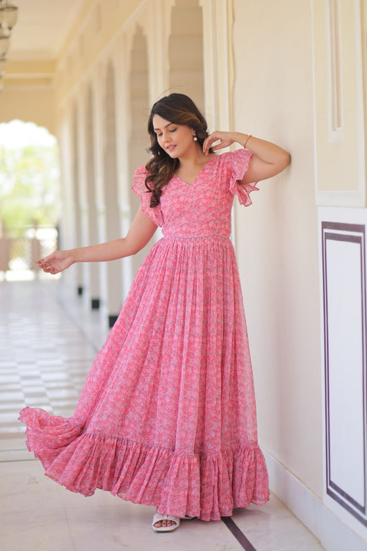 Pink Faux Georgette With Print Gown