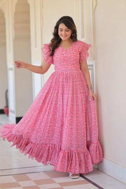 Pink Faux Georgette With Print Gown