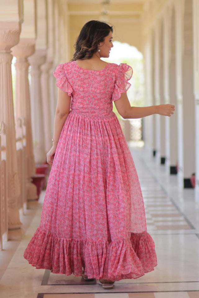 Pink Faux Georgette With Print Gown
