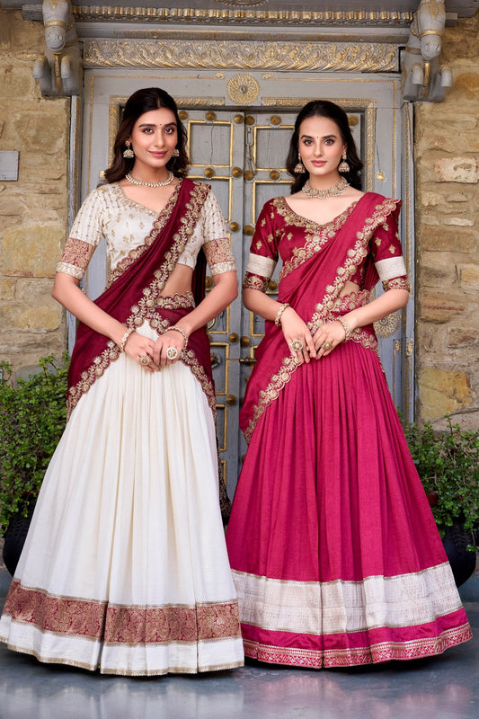 White & Maroon Lehenga Choli Set