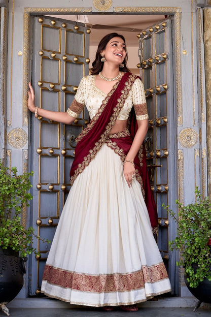 White & Maroon Lehenga Choli Set