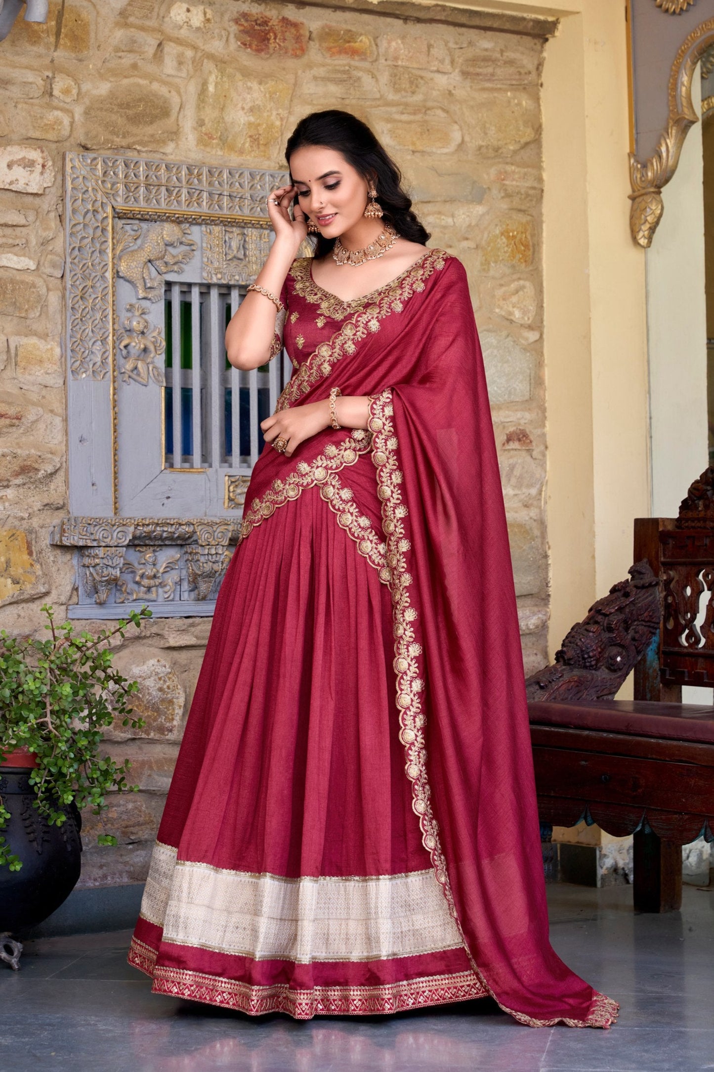 White & Maroon Lehenga Choli Set