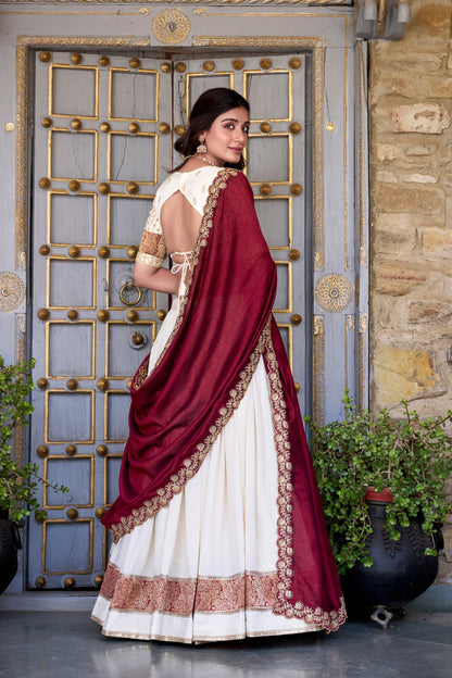 White & Maroon Lehenga Choli Set