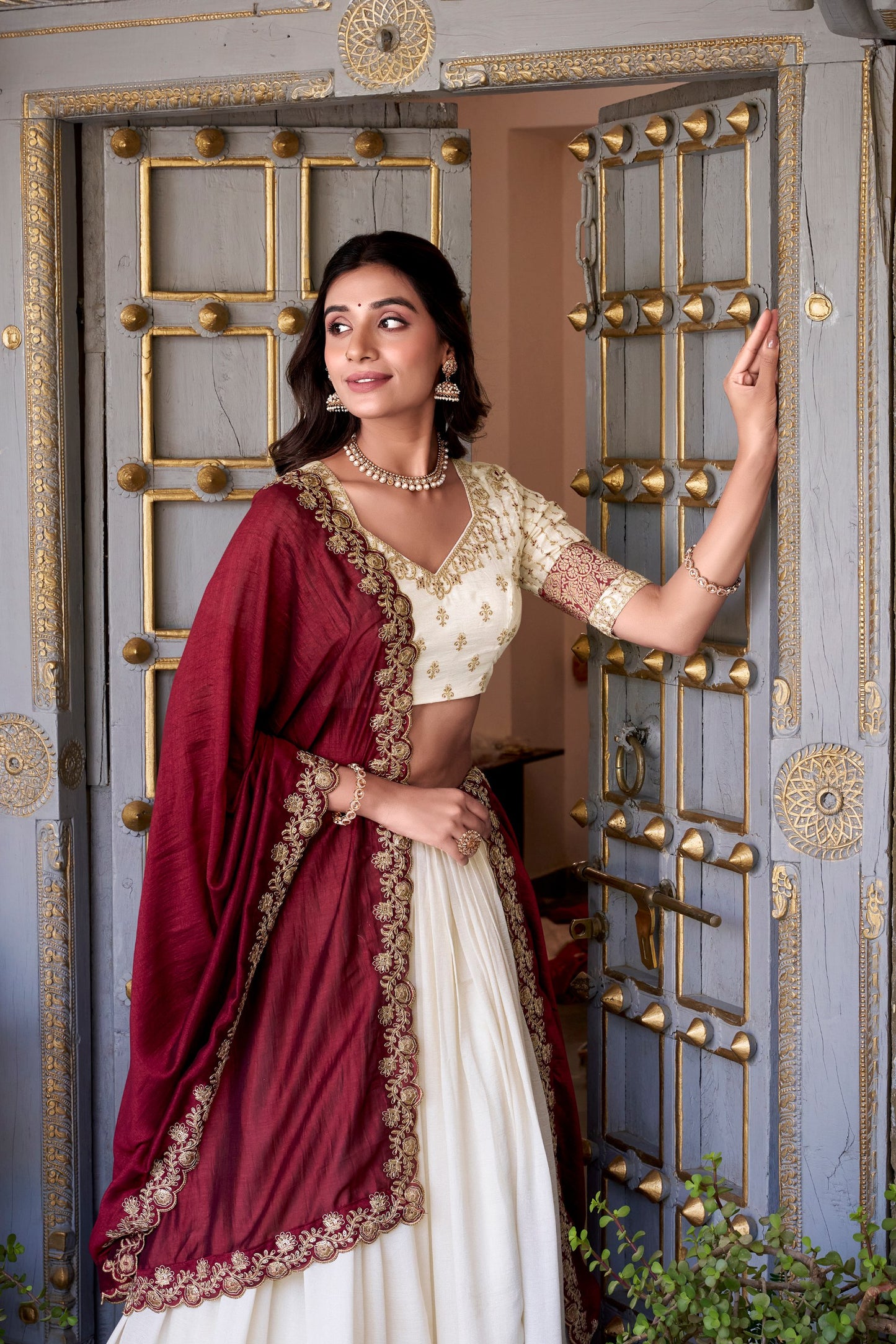 White & Maroon Lehenga Choli Set