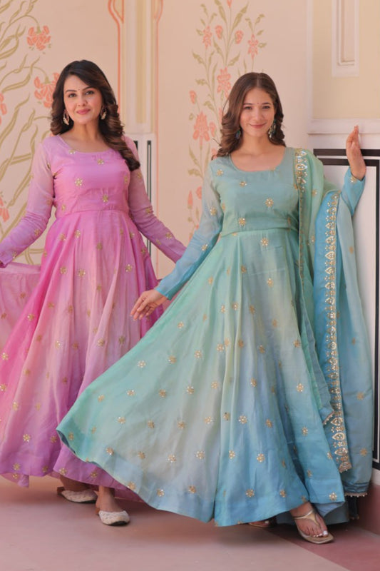 Pink & Sky Pedding Gold Organza With Sequins-Multi & Zari Embroidered Work Gown
