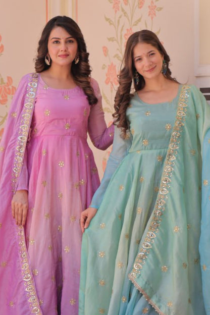 Pink & Sky Pedding Gold Organza With Sequins-Multi & Zari Embroidered Work Gown