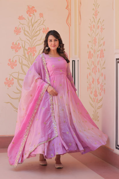 Pink & Sky Pedding Gold Organza With Sequins-Multi & Zari Embroidered Work Gown