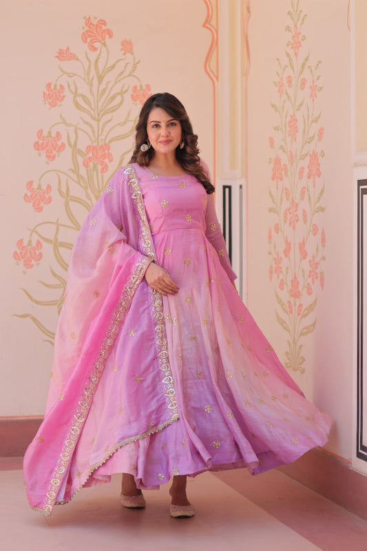 Pink & Sky Pedding Gold Organza With Sequins-Multi & Zari Embroidered Work Gown