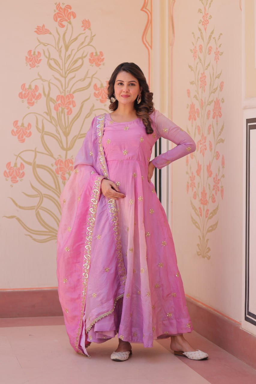 Pink & Sky Pedding Gold Organza With Sequins-Multi & Zari Embroidered Work Gown