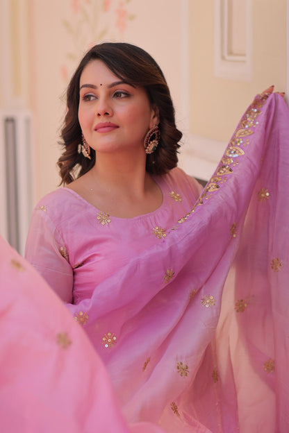 Pink & Sky Pedding Gold Organza With Sequins-Multi & Zari Embroidered Work Gown
