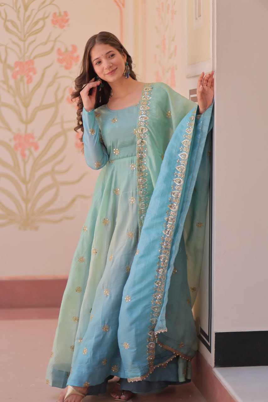 Pink & Sky Pedding Gold Organza With Sequins-Multi & Zari Embroidered Work Gown
