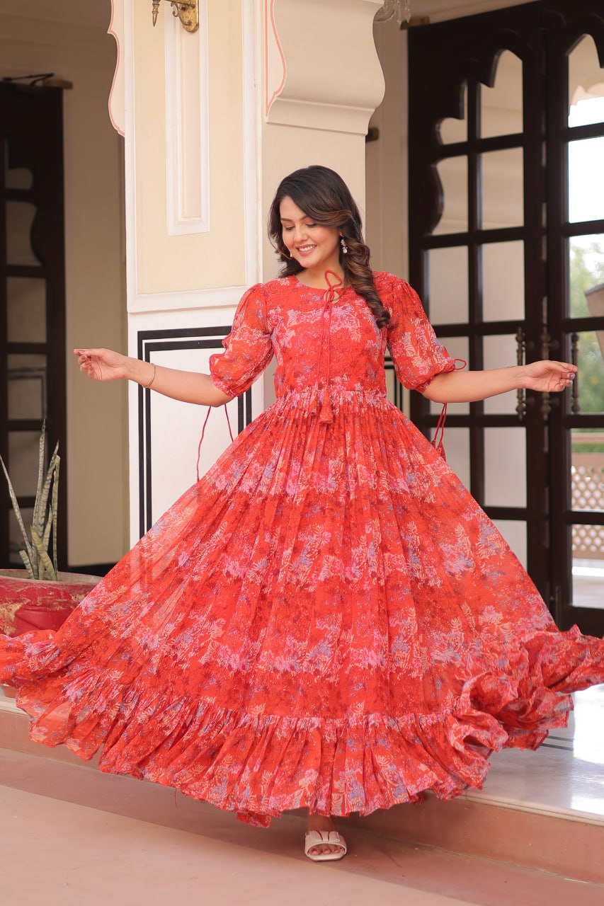 Orange Faux Georgette With Print Gown Set
