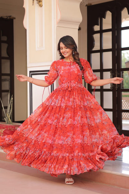 Orange Faux Georgette With Print Gown Set
