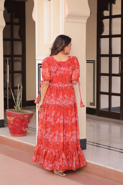 Orange Faux Georgette With Print Gown Set